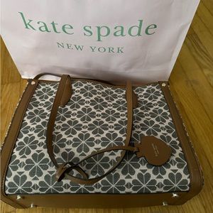 Kate Spade Flower Jacquard Stripe Market Medium Tote Tan/Pink EUC